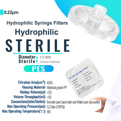 Sterile Syringe Filters,PES Membrane 0.22μm Pore Size,13mm Diameter,10/25/50/100 Pcs Individually Packed by Ks-Tek