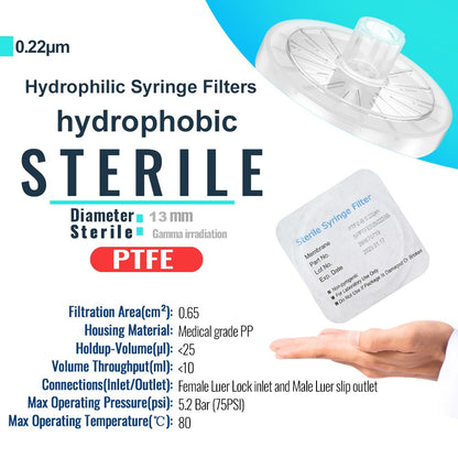 Sterile Syringe Filters,PTFE Membrane 0.22μm Pore Size,13mm Diameter,10/25/50/100 Pcs Individually Packed by Ks-Tek