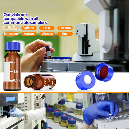 Autosampler 2ml HPLC 9-425  Amber glass vial Bottles with Write-on Spot and 9mm ABS Screw Caps & Pre-Slit Septa, Case of 100