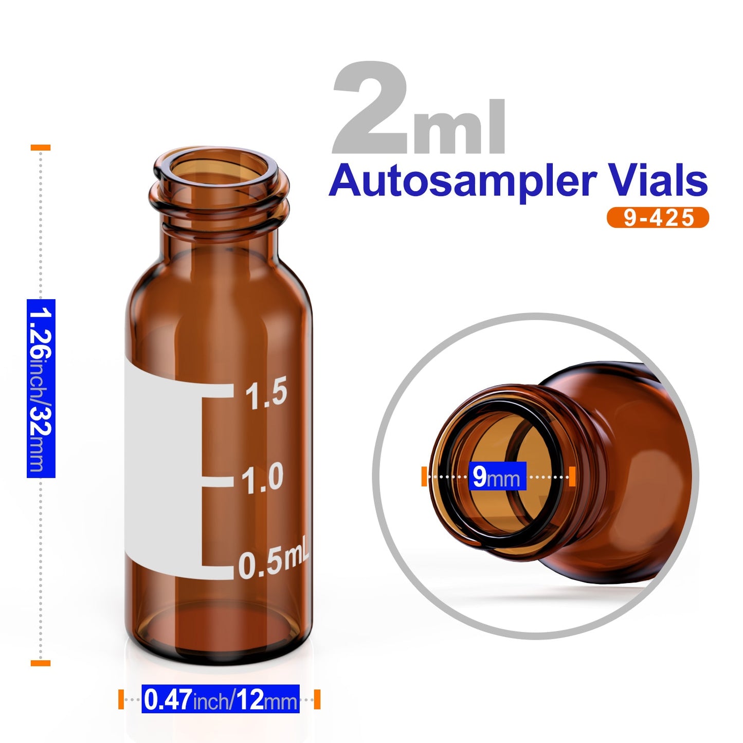 Autosampler 2ml HPLC 9-425  Amber glass vial Bottles with Write-on Spot and 9mm ABS Screw Caps & Pre-Slit Septa, Case of 100