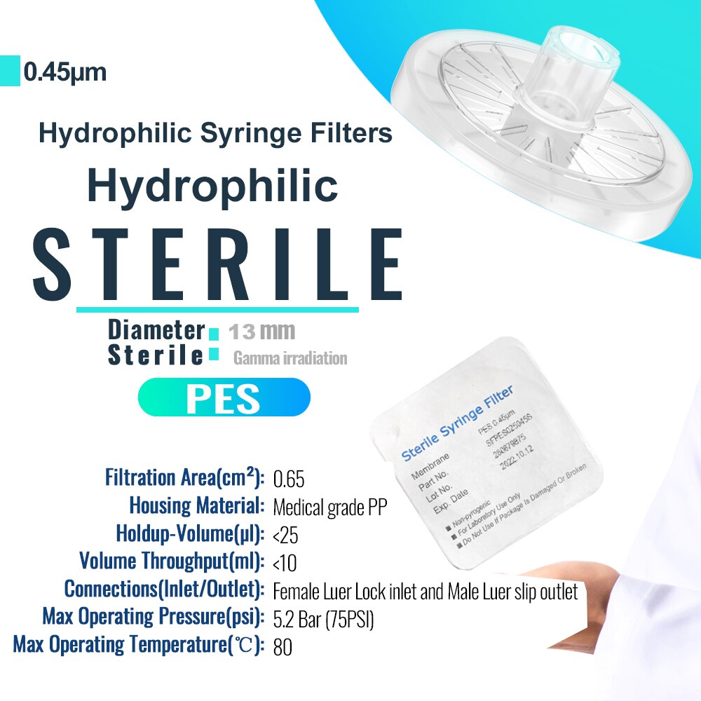 Sterile Syringe Filters,PES Membrane 0.45μm Pore Size,13mm Diameter,10/25/50/100 Pcs Individually Packed by Ks-Tek