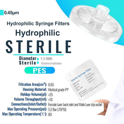 Sterile Syringe Filters,PES Membrane 0.45μm Pore Size,13mm Diameter,10/25/50/100 Pcs Individually Packed by Ks-Tek