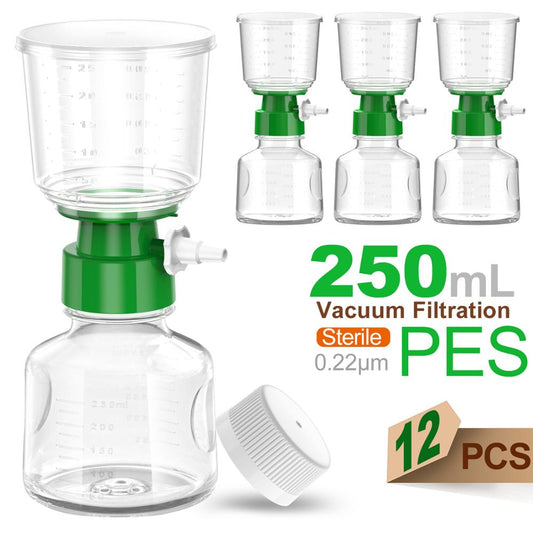 12PCS Sterile Bottle Top Vacuum Filtration with 0.22/0.45μm PES Membrane for Lab, 250ml Funnel + 250ml Receiver  by Ks-Tek