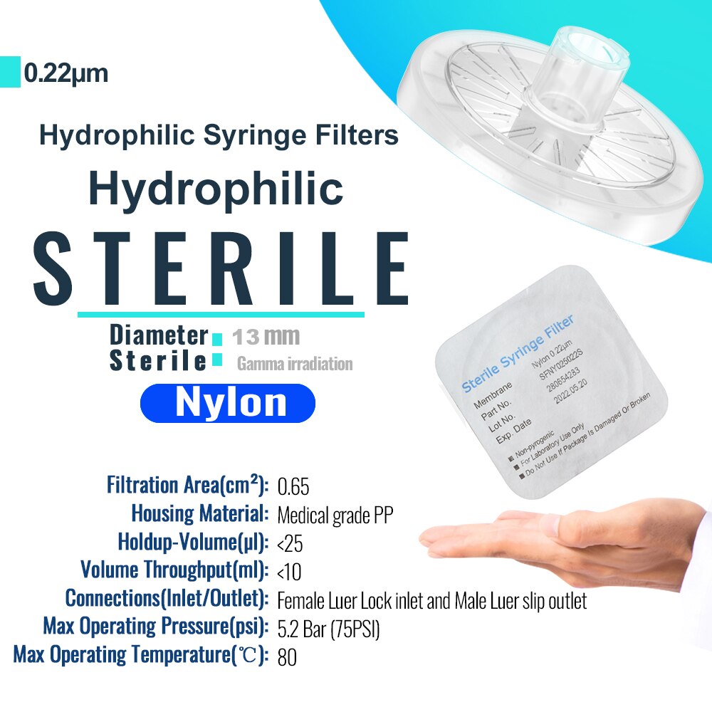 Sterile Syringe Filters,Nylon Membrane 0.22um Pore Size,13mm Diameter,10/25/50/100 Pcs Individually Packed by Ks-Tek