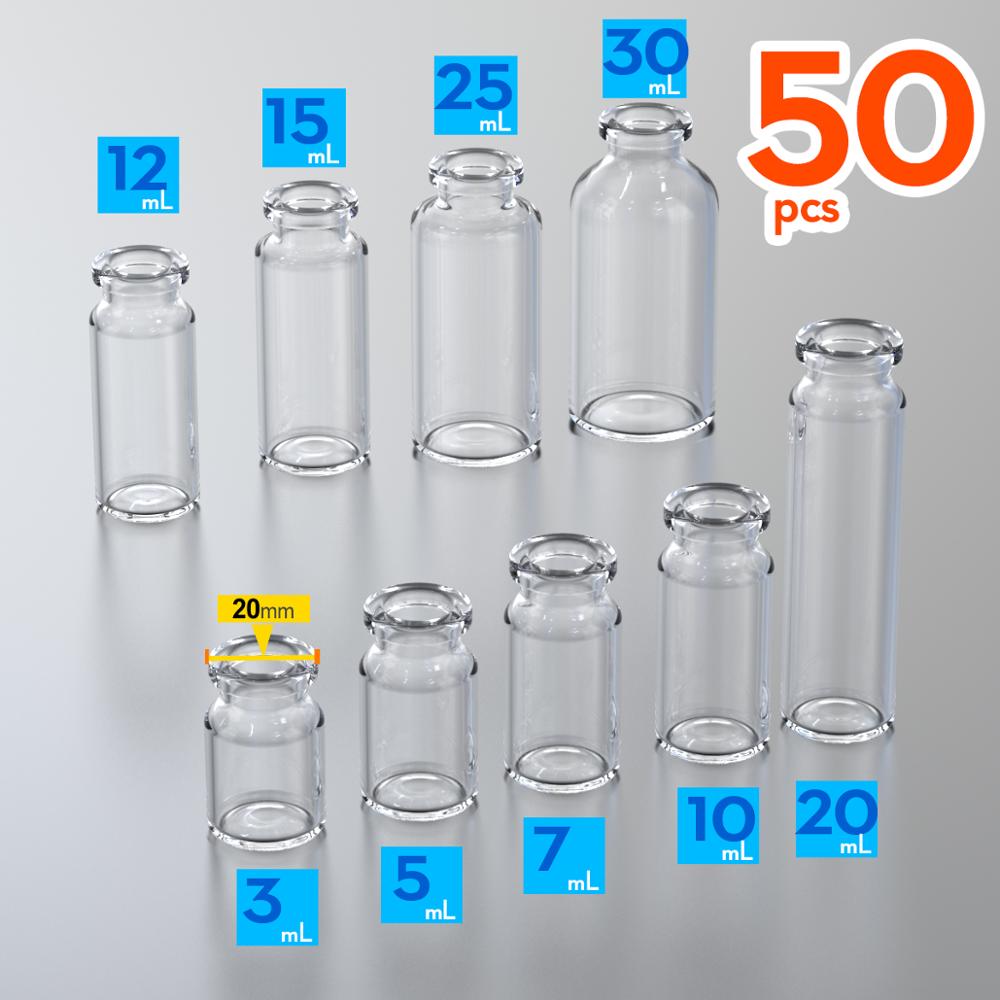 50pcs penicillin bottle glass bottle 3ml, 5ml, 7ml,10ml, 15ml, 20ml,25ml,30ml,50ml,100ml  jars