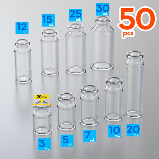 50pcs penicillin bottle glass bottle 3ml, 5ml, 7ml,10ml, 15ml, 20ml,25ml,30ml,50ml,100ml  jars