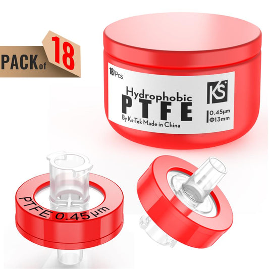 Syringe Filters,PTFE Membrane 0.45μm Pore Size,13mm Diameter,hydrophobic,18Pcs by Ks-Tek