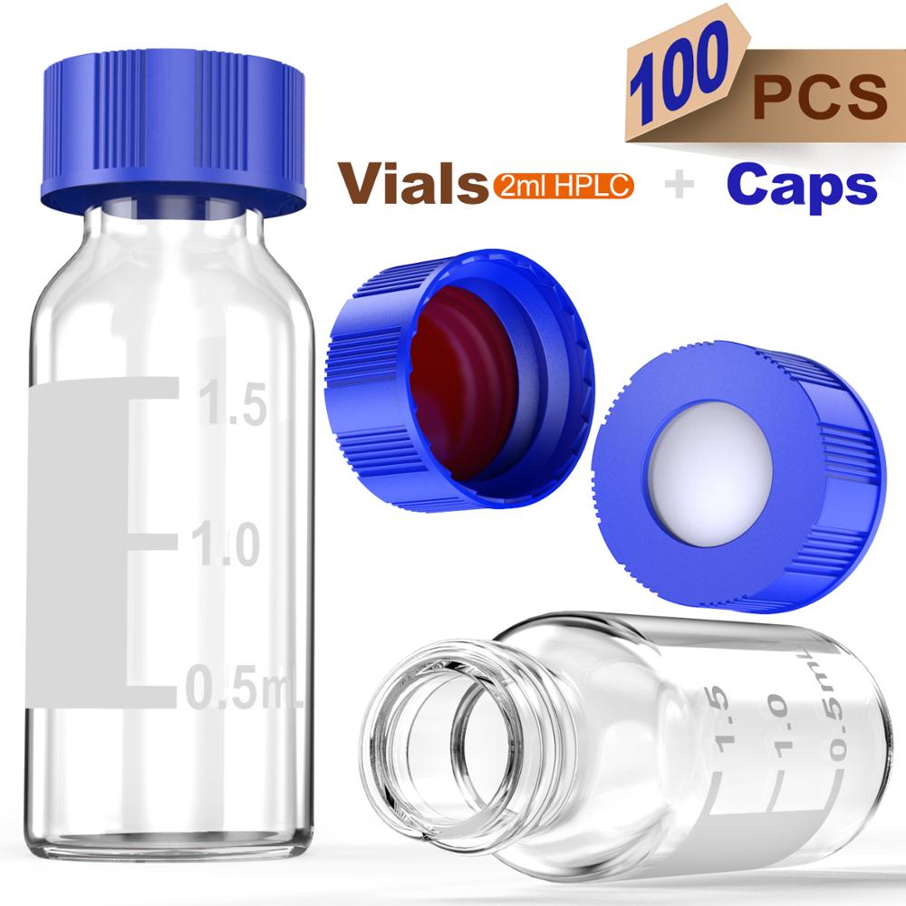 Autosampler 2ml HPLC 9-425  Clear glass vial Bottles with Write-on Spot and 9mm ABS Screw Caps, 100Pcs by Ks-Tek