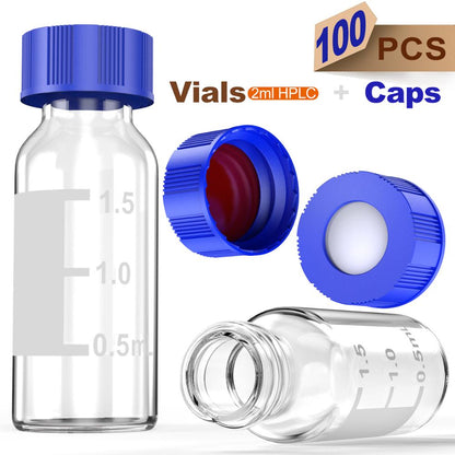 Autosampler 2ml HPLC 9-425  Clear glass vial Bottles with Write-on Spot and 9mm ABS Screw Caps, 100Pcs by Ks-Tek