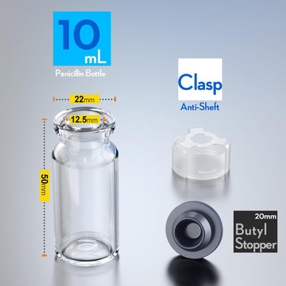 10pcs penicillin bottle glass bottle with rubber stopper and anti-sheft clasp 3ml, 5ml, 7ml,10ml, 15ml, 20ml,25ml,30ml  jars