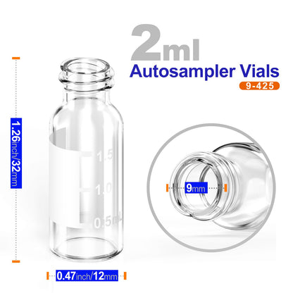 Autosampler 2ml HPLC 9-425  Clear glass vial Bottles with Write-on Spot and 9mm ABS Screw Caps, 100Pcs by Ks-Tek