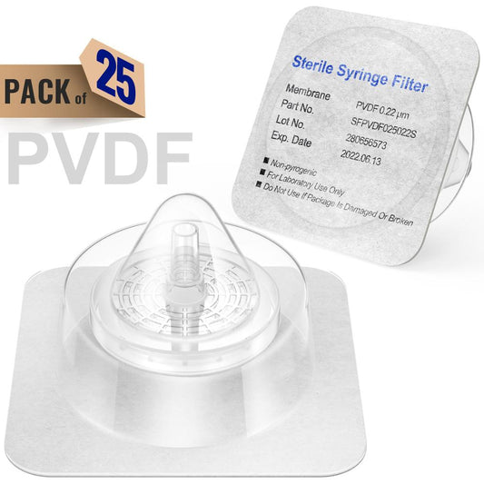 Sterile Syringe Filters,PVDF Membrane 0.22μm Pore Size,25mm Diameter,25 Pcs Individually Packed by Ks-Tek