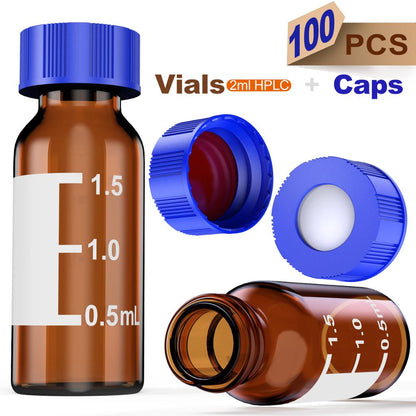 Autosampler 2ml HPLC 9-425  Amber glass vial Bottles with Write-on Spot and 9mm ABS Screw Caps & Pre-Slit Septa, Case of 100