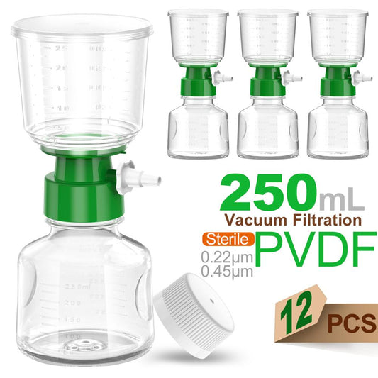 12PCS Sterile Bottle Top Vacuum Filtration with 0.22/0.45μm PVDF Membrane for Lab, 250ml Funnel + 250ml Receiver  by Ks-Tek