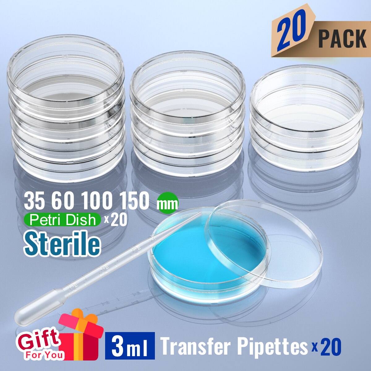 sterile Petri Dish with Lid No TC 60/100/150mm, with 2ml Plastic Transfer Pipettes  individual package by Ks-Tek 20/Pack