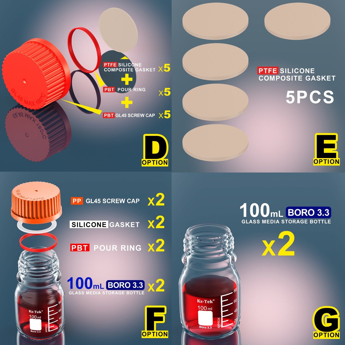 Ks-Tek GL45 Media Bottle,Borosilicate 3.3,100ml,PBT/PP Screw GL 45 Cap,PBT/PP pour ring,PTFE Silecone gasket，Pre-washed,Sterile