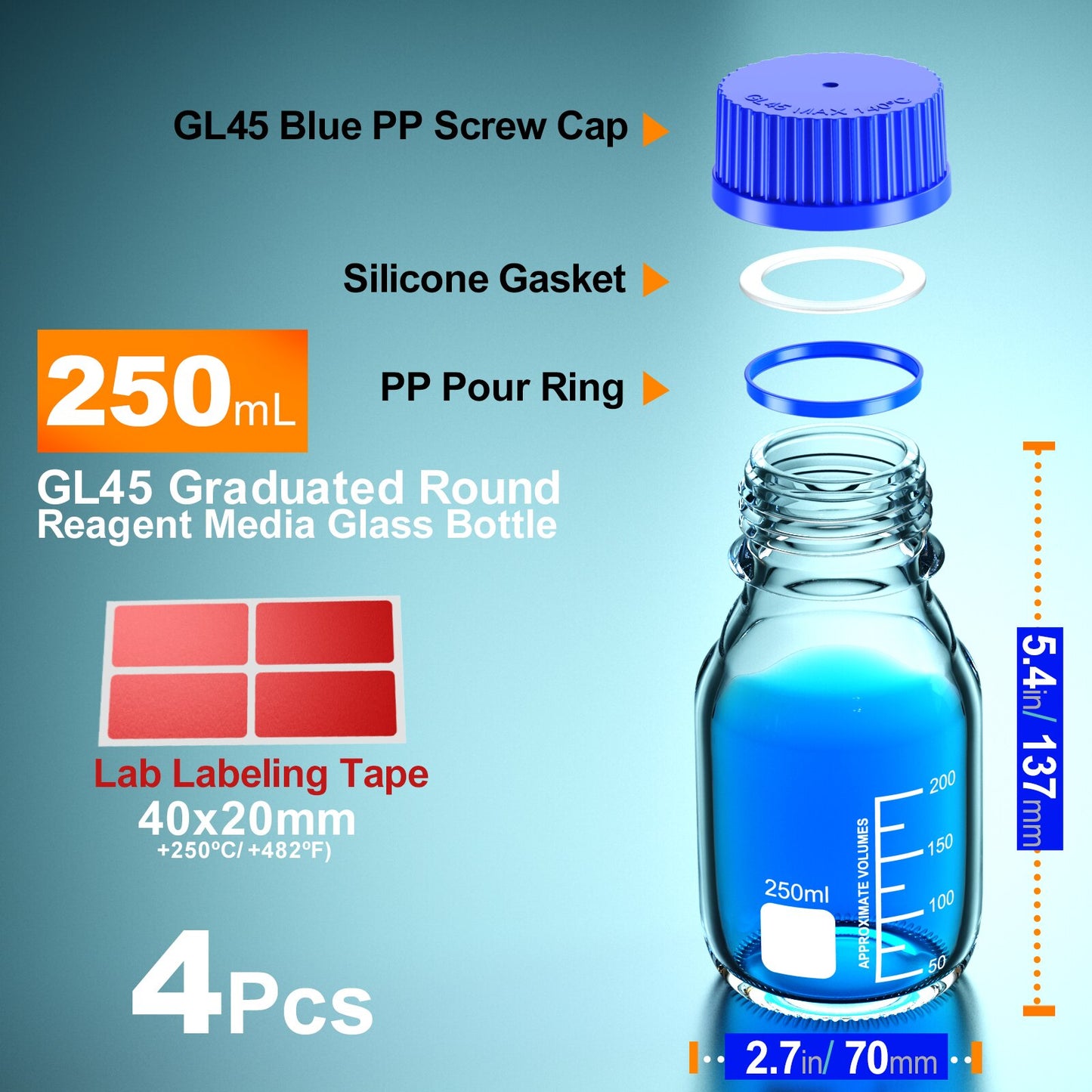 GL45 GL32 GL25 Round Media Storage Bottles Storage Glass Bottle with Blue Screw Cap 25ml 50ml 100ml 250ml 500ml 1000ml by ks-tek