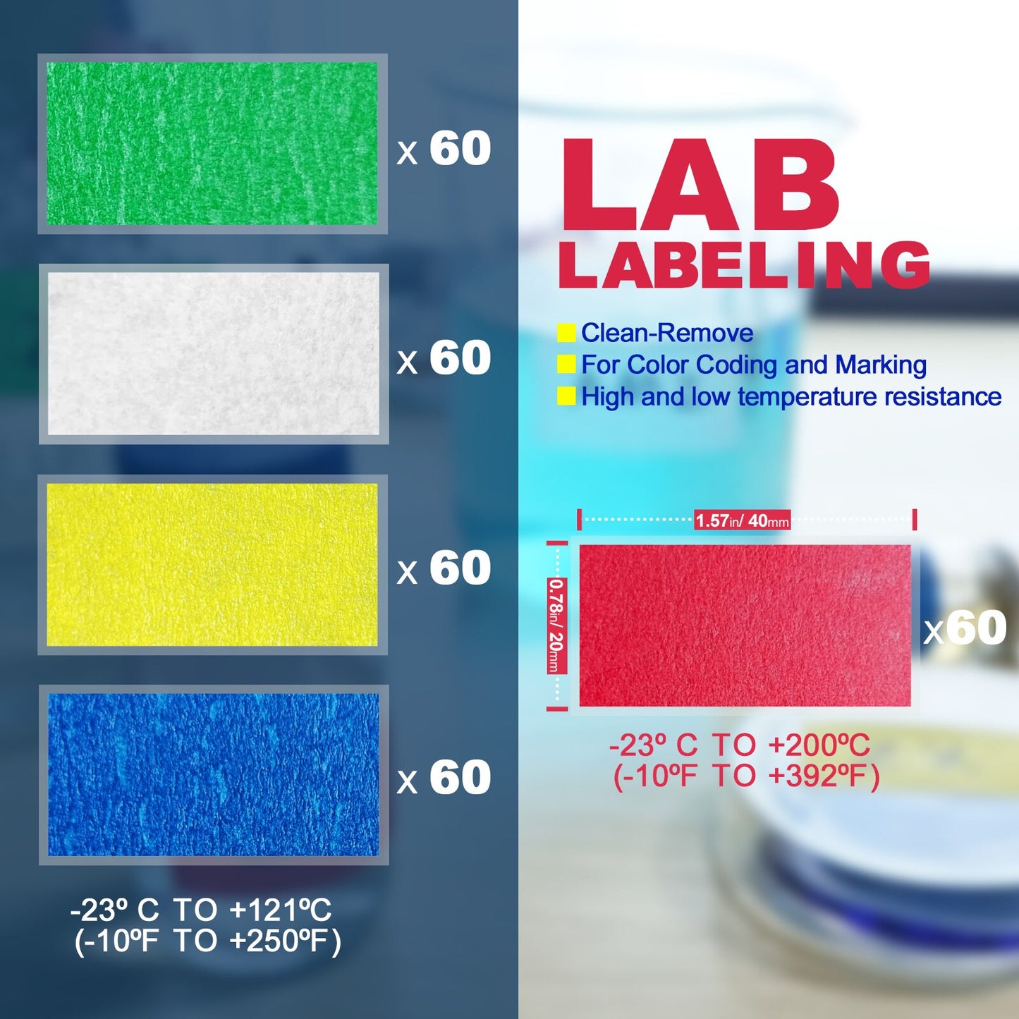 Lab Labels 40X20mm Red Green Blue White Yellow Clean-Remove Withstand High Temperature for Color Coding and Marking