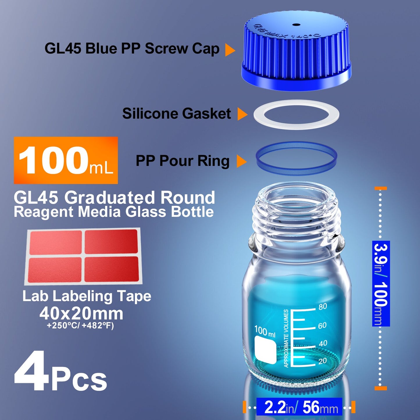 GL45 GL32 GL25 Round Media Storage Bottles Storage Glass Bottle with Blue Screw Cap 25ml 50ml 100ml 250ml 500ml 1000ml by ks-tek