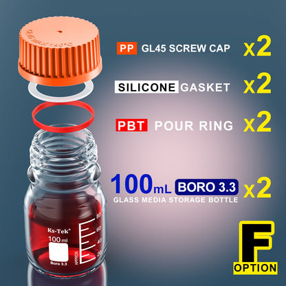 Ks-Tek GL45 Media Bottle,Borosilicate 3.3,100ml,PBT/PP Screw GL 45 Cap,PBT/PP pour ring,PTFE Silecone gasket，Pre-washed,Sterile