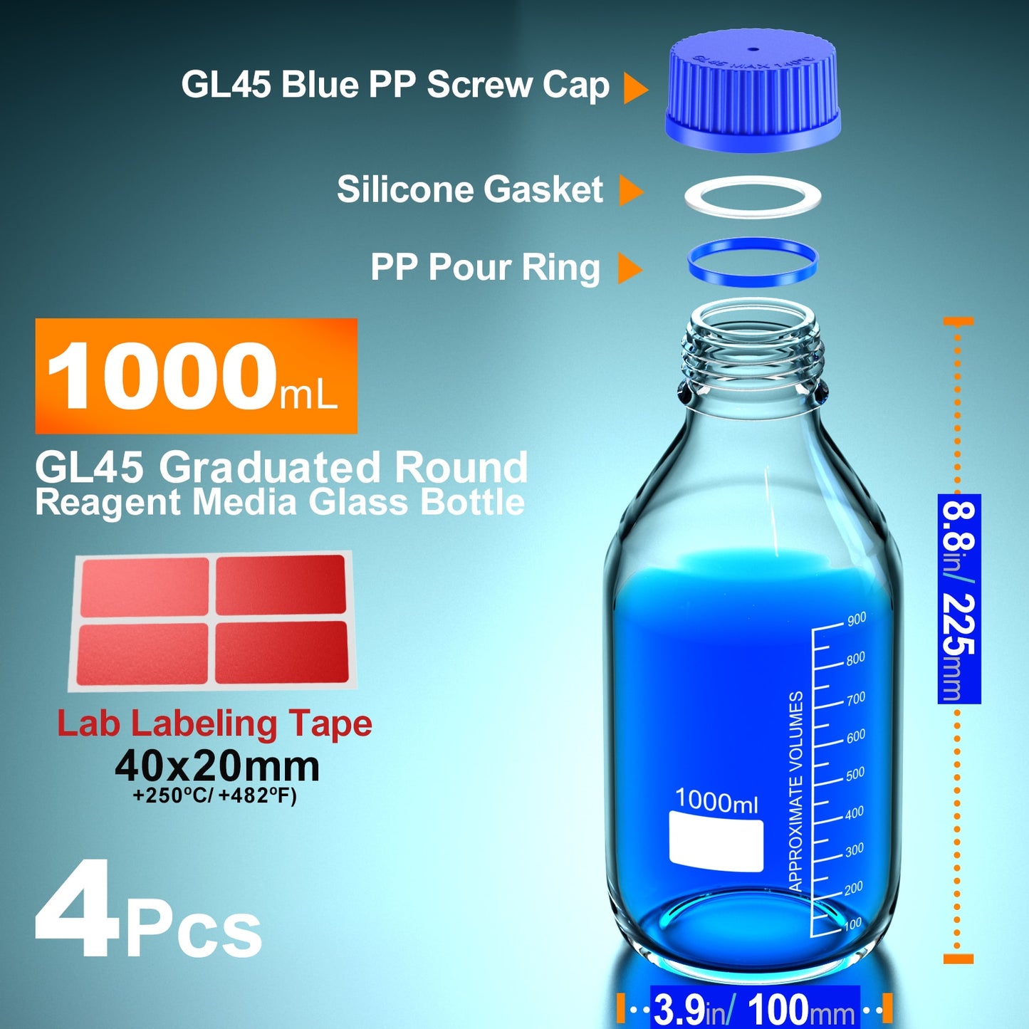 GL45 GL32 GL25 Round Media Storage Bottles Storage Glass Bottle with Blue Screw Cap 25ml 50ml 100ml 250ml 500ml 1000ml by ks-tek