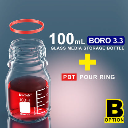 Ks-Tek GL45 Media Bottle,Borosilicate 3.3,100ml,PBT/PP Screw GL 45 Cap,PBT/PP pour ring,PTFE Silecone gasket，Pre-washed,Sterile