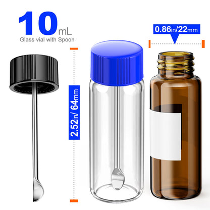 Ks-Tek Glass Vial with Spoon,(5 PCS) Leak-Proof Small Storage Bottle for Outdoor Camping Travel,with Micro Funnel & Stickers